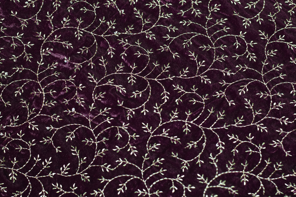 Elegant Wine Purple Velvet Dress Material with Delicate Embroidery – 44" Width (Top 2.5 m)