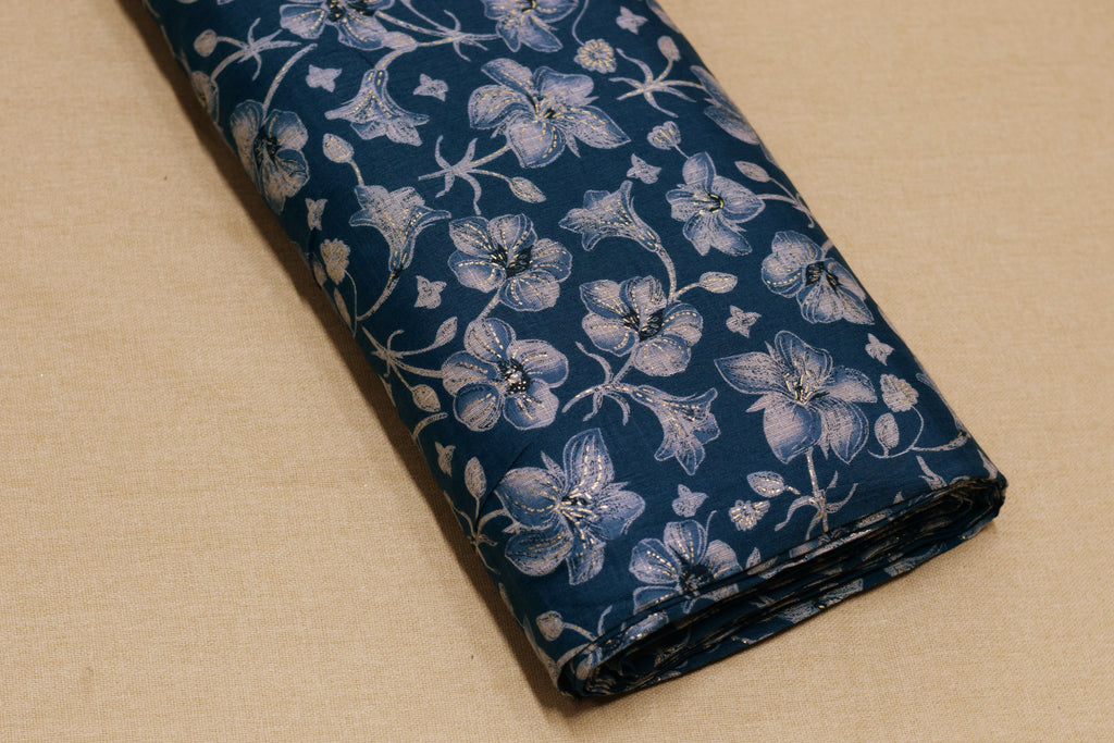 Premium Teal Blue Floral Printed Rayon Fabric | 44" Width