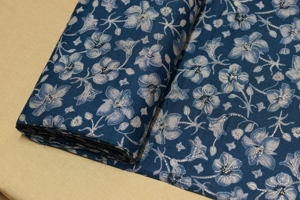 Premium Teal Blue Floral Printed Rayon Fabric | 44" Width