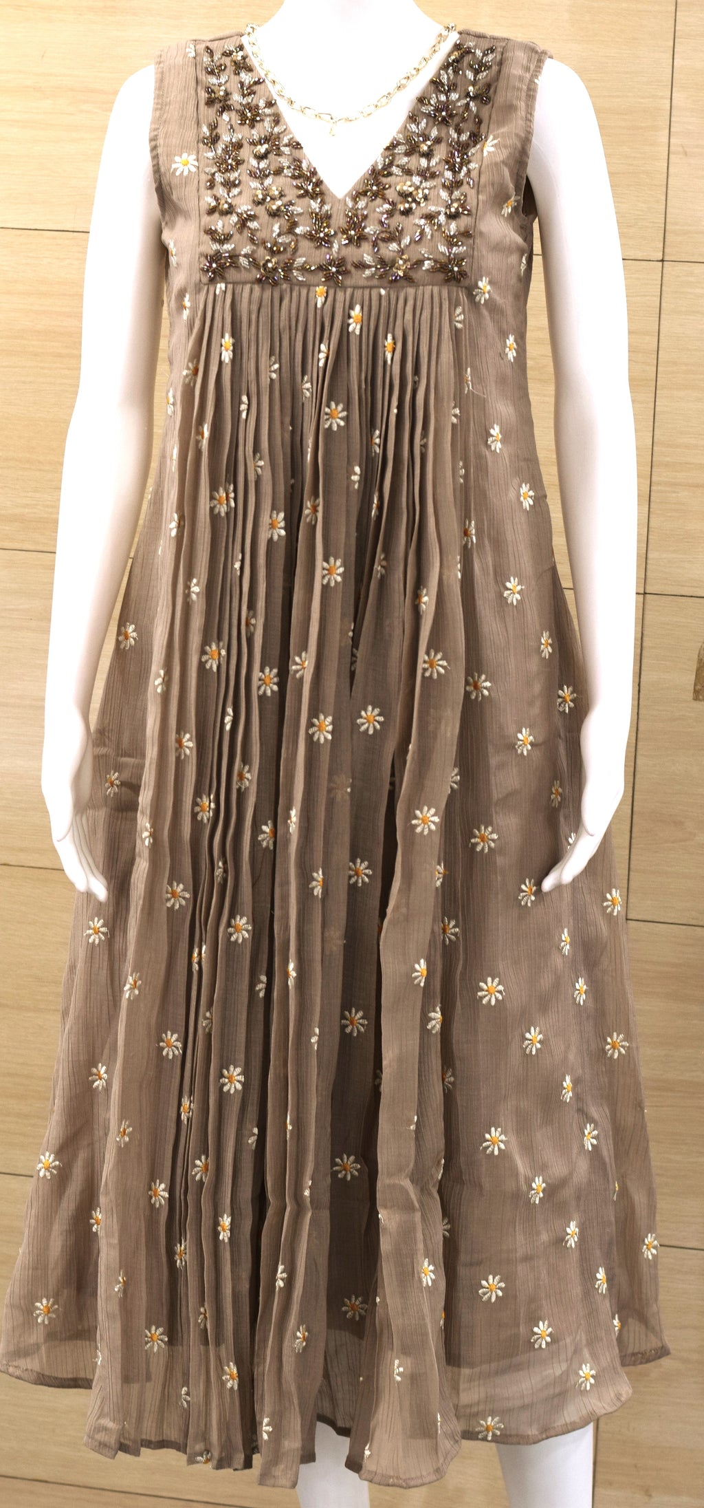 Women’s Embroidered Mul Chiffon Long Top with Sleeves – Elegant Floral Design