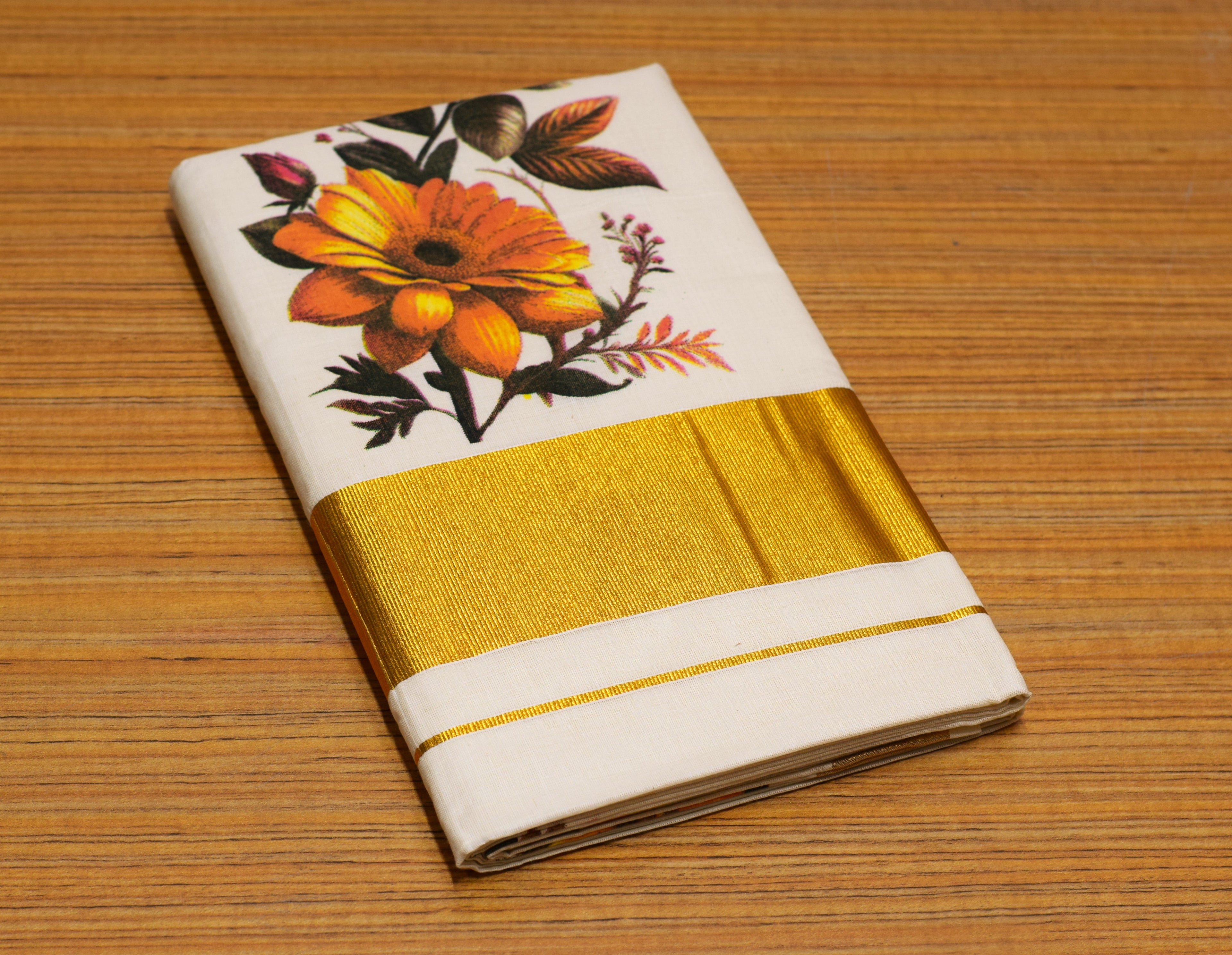 Kerala Kasavu Set Saree with Blouse – Off White Cotton Blend Saree with Golden Kasavu Border & Floral Print Design
