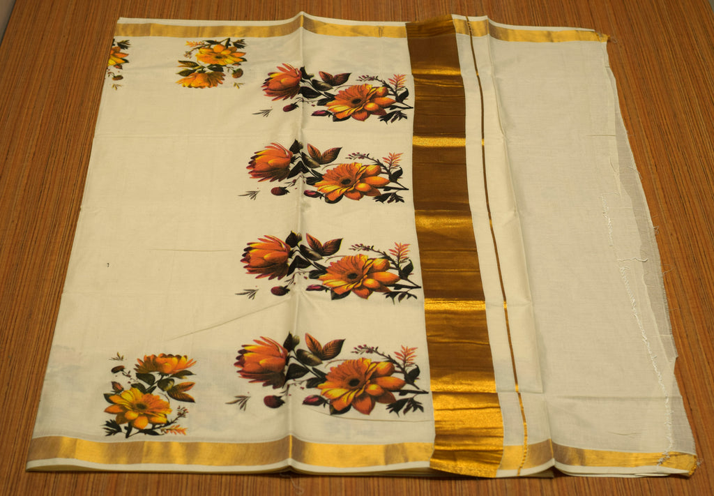 Kerala Kasavu Set Saree with Blouse – Off White Cotton Blend Saree with Golden Kasavu Border & Floral Print Design