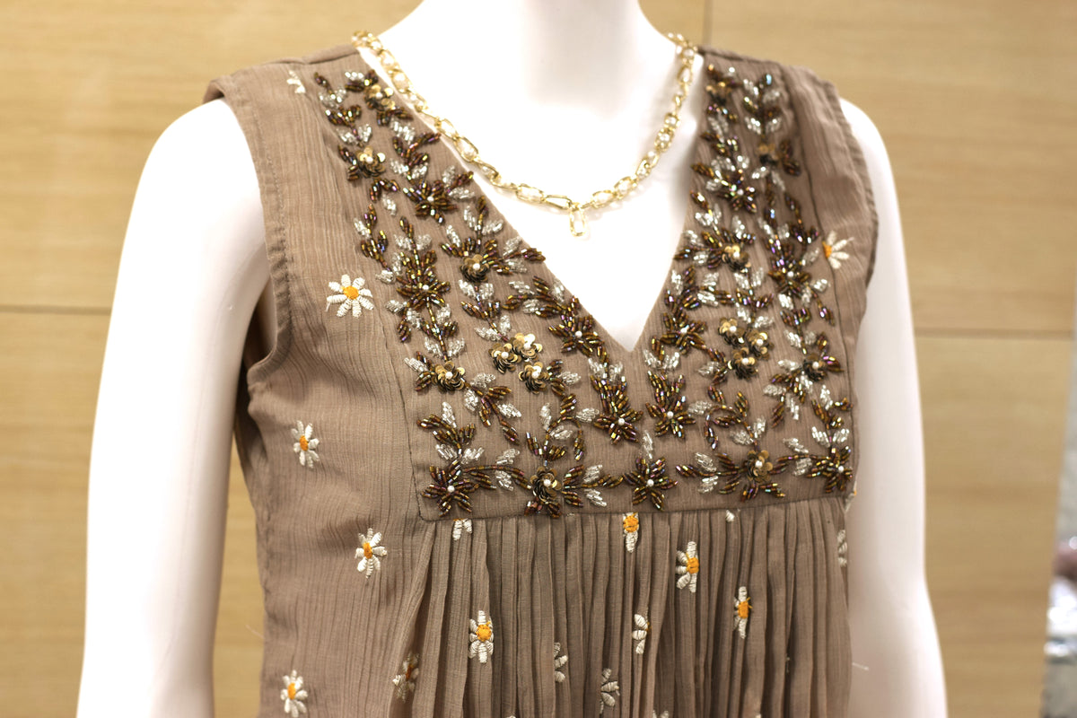 Women’s Embroidered Mul Chiffon Long Top with Sleeves – Elegant Floral Design