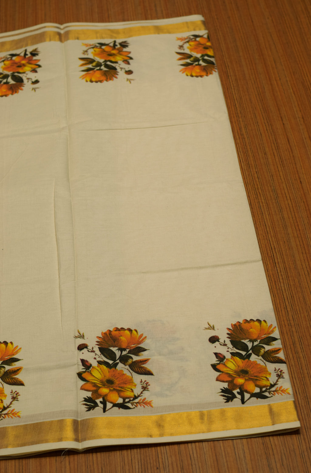 Kerala Kasavu Set Saree with Blouse – Off White Cotton Blend Saree with Golden Kasavu Border & Floral Print Design