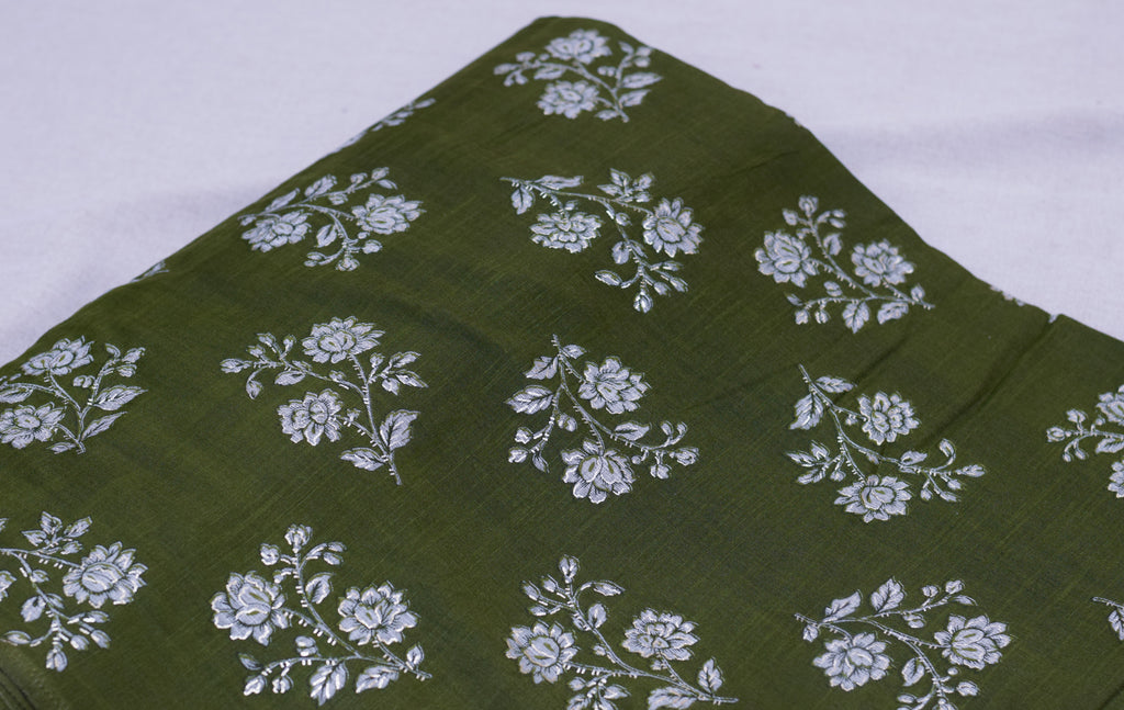 Premium Olive Green Floral Foil Printed Rayon Fabric | 44" Width
