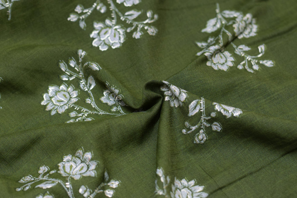 Premium Olive Green Floral Foil Printed Rayon Fabric | 44" Width