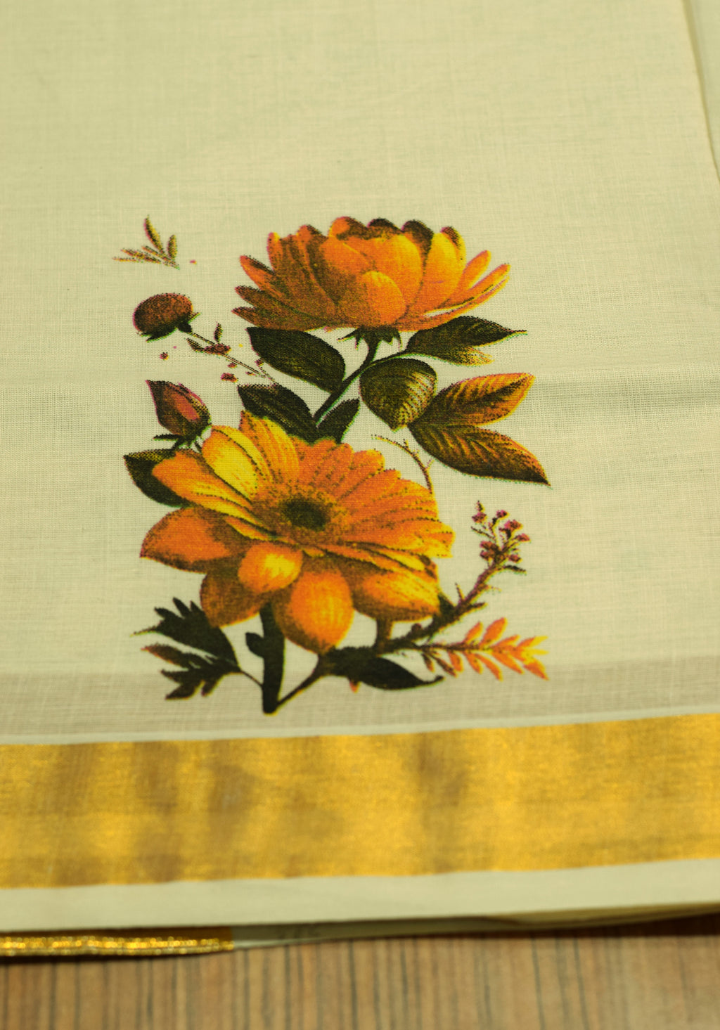 Kerala Kasavu Set Saree with Blouse – Off White Cotton Blend Saree with Golden Kasavu Border & Floral Print Design