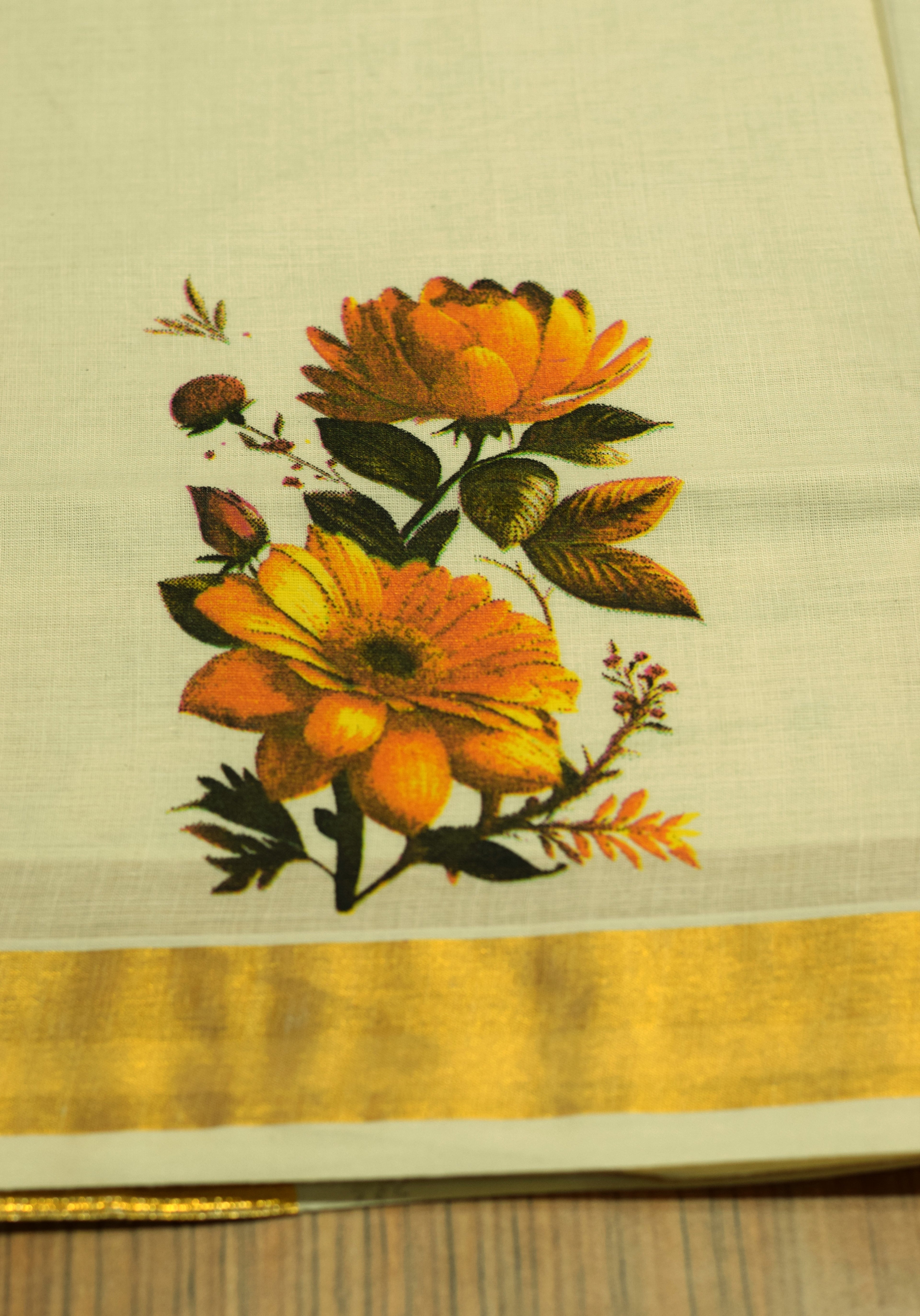 Kerala Kasavu Set Saree with Blouse – Off White Cotton Blend Saree with Golden Kasavu Border & Floral Print Design