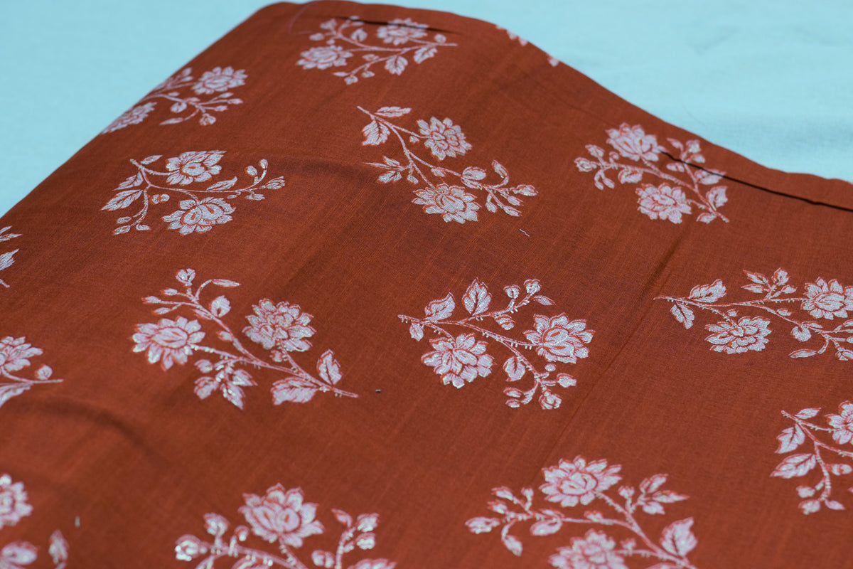 Premium Rust Orange Floral Foil Printed Rayon Fabric | 44" Width