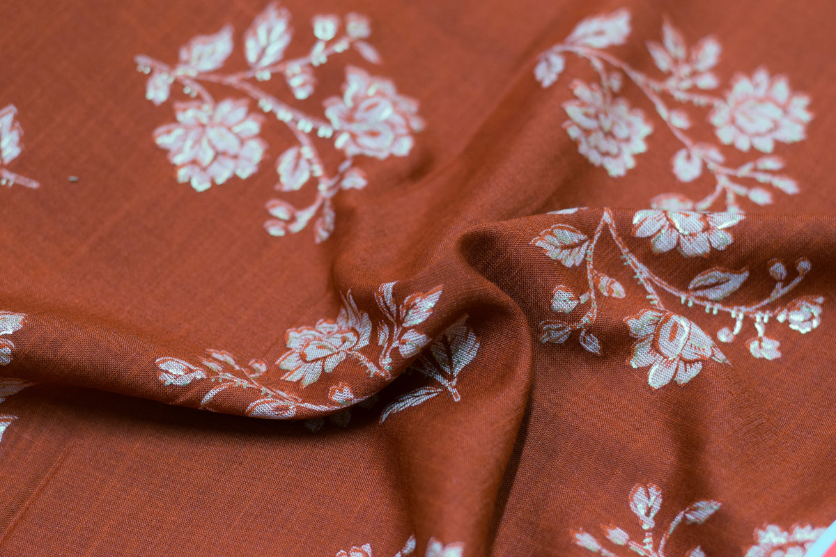 Premium Rust Orange Floral Foil Printed Rayon Fabric | 44" Width