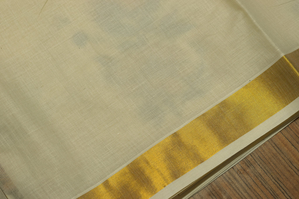Kerala Kasavu Set Saree with Blouse – Off White Cotton Blend Saree with Golden Kasavu Border & Floral Print Design