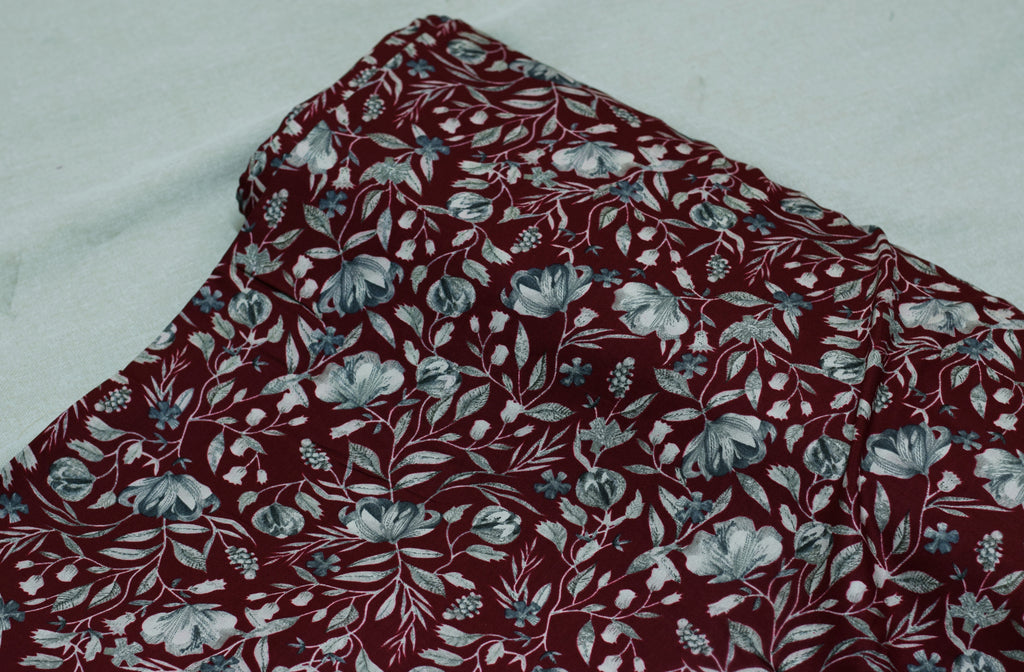 Premium Maroon & Sage Floral Printed Rayon Fabric | 44" Width