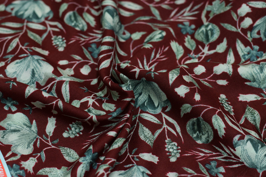 Premium Maroon & Sage Floral Printed Rayon Fabric | 44" Width