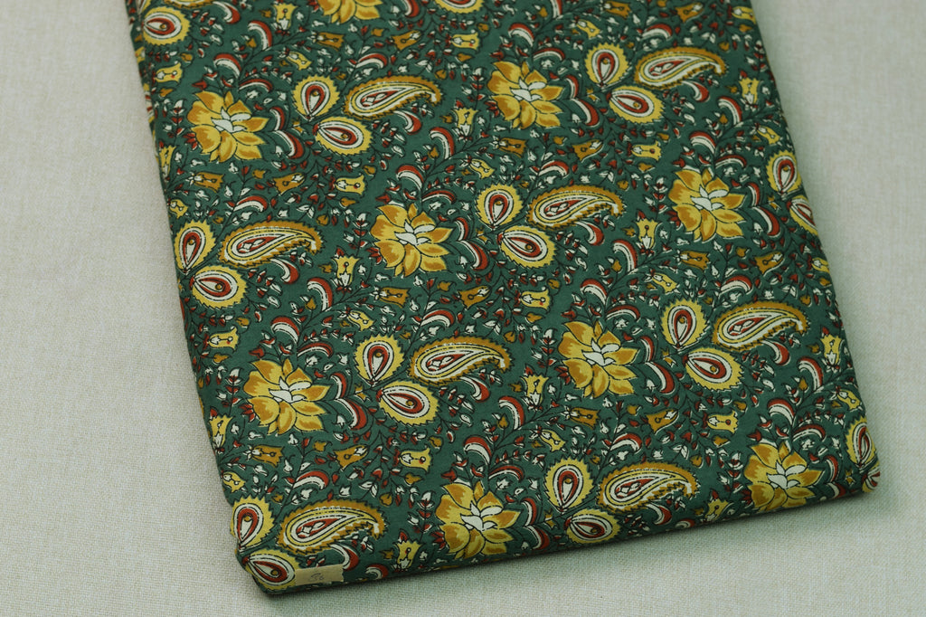 Soft Cotton Floral &amp; Paisley Print Dress Material Top Fabric – Green & Mustard | 44" Width | 2.5 Meter Length