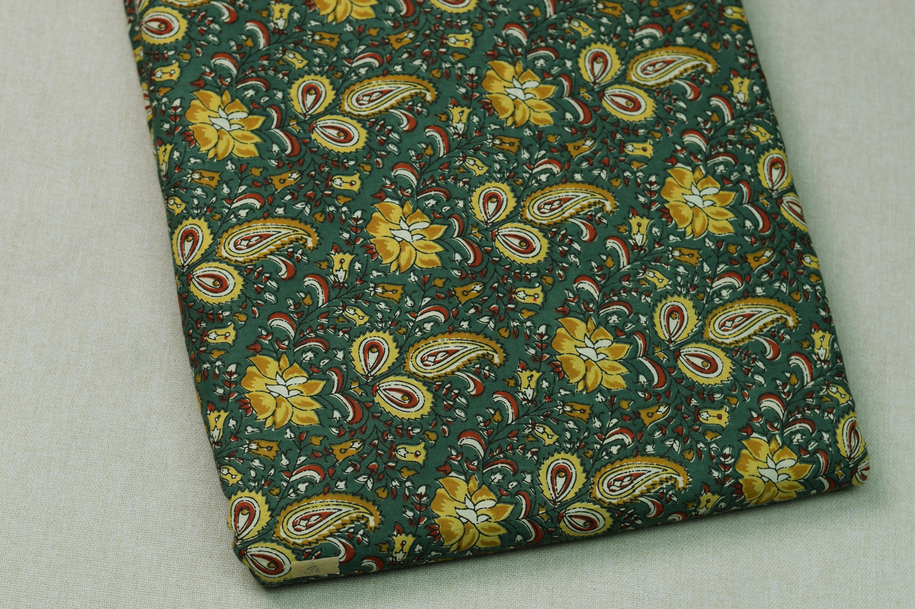 Soft Cotton Floral &amp; Paisley Print Dress Material Top Fabric – Green & Mustard | 44" Width | 2.5 Meter Length