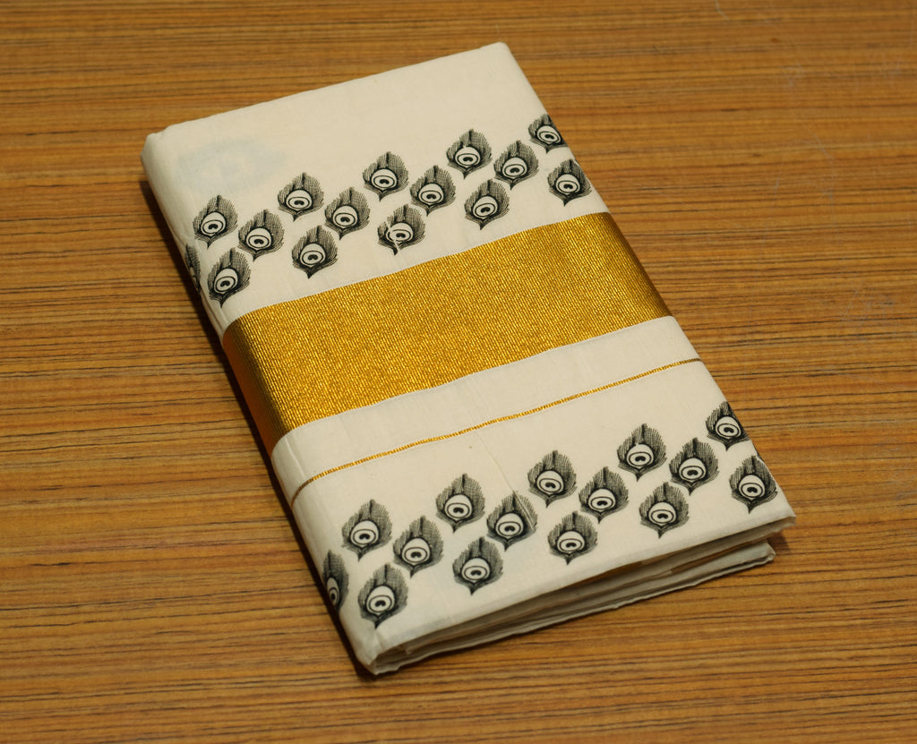 Traditional Kerala Kasavu Set Saree with Black Peacock Feather Print & Golden Kasavu Border | Includes Matching Blouse Piece