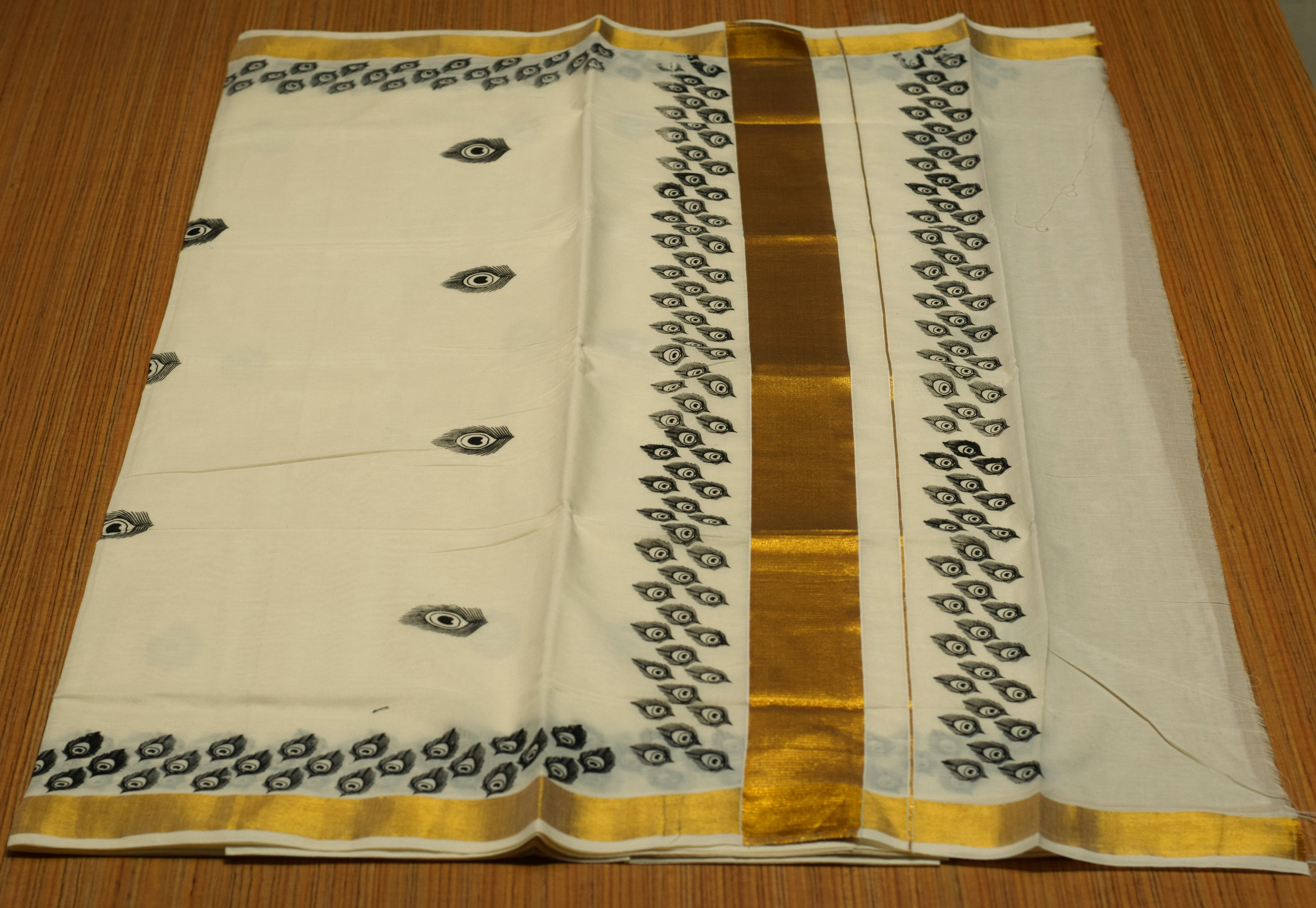 Traditional Kerala Kasavu Set Saree with Black Peacock Feather Print & Golden Kasavu Border | Includes Matching Blouse Piece