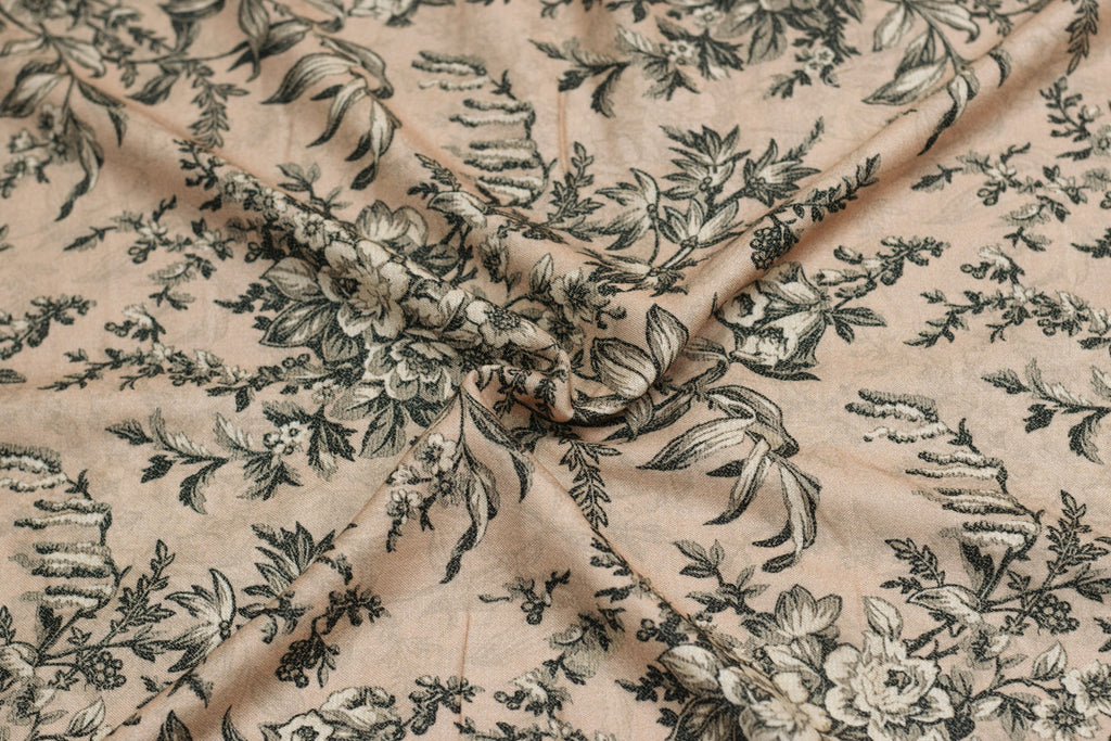 Vintage Floral Printed Rayon Fabric -  Toile Botanical Print