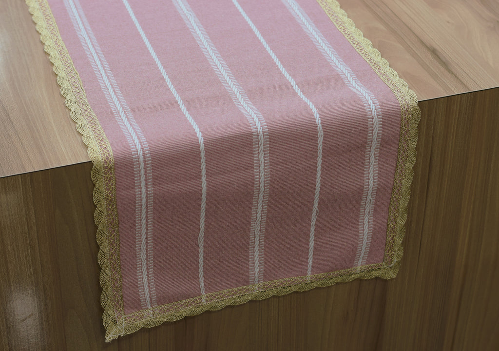Pink Striped Table Runner with Decorative Lace Border – 240 × 35 cm