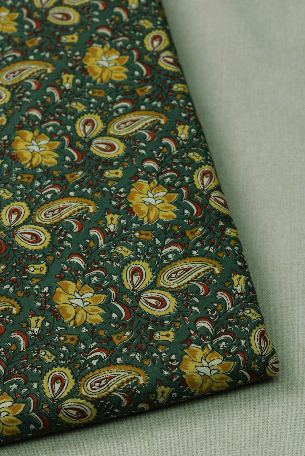 Soft Cotton Floral &amp; Paisley Print Dress Material Top Fabric – Green & Mustard | 44" Width | 2.5 Meter Length