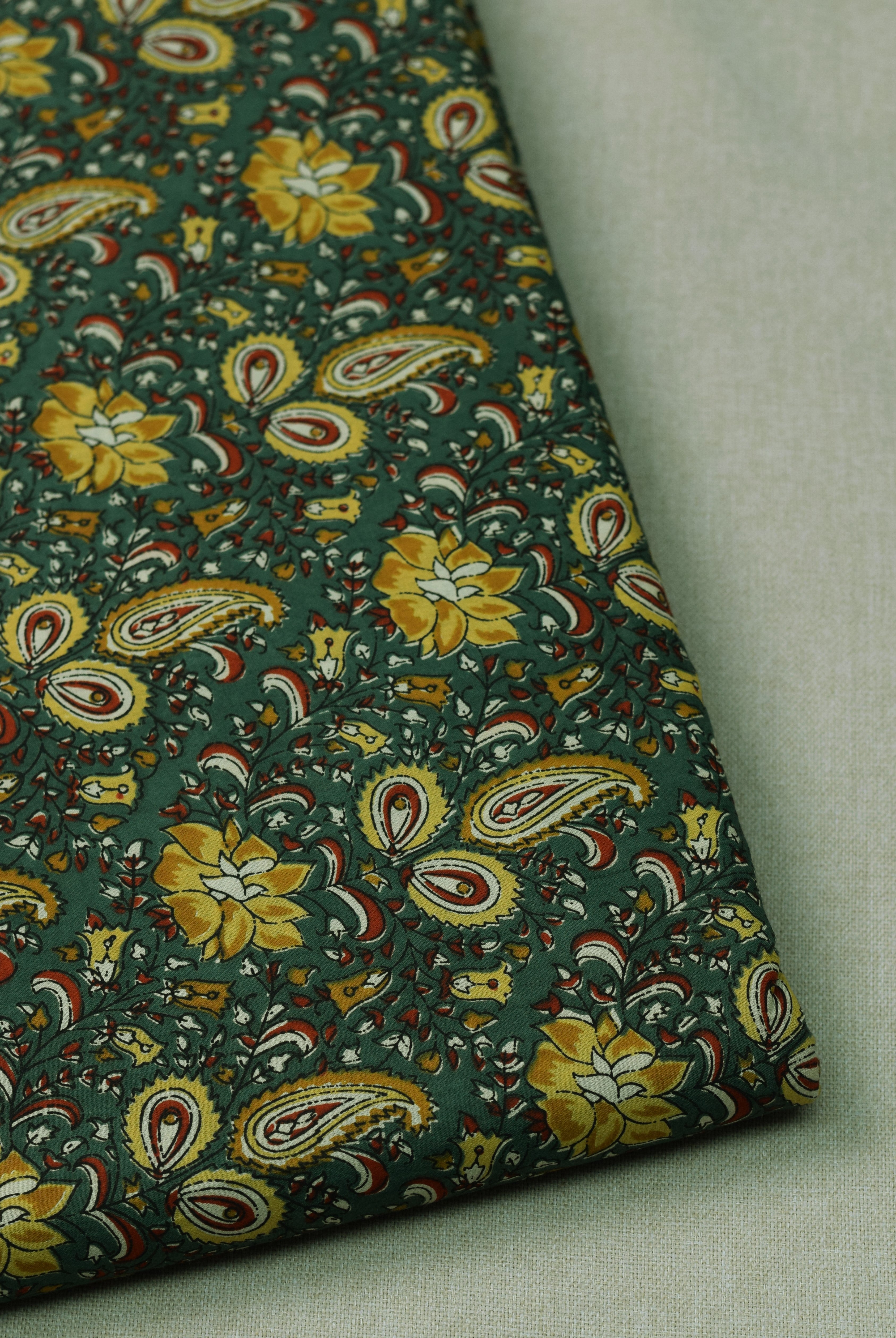 Soft Cotton Floral &amp; Paisley Print Dress Material Top Fabric – Green & Mustard | 44" Width | 2.5 Meter Length