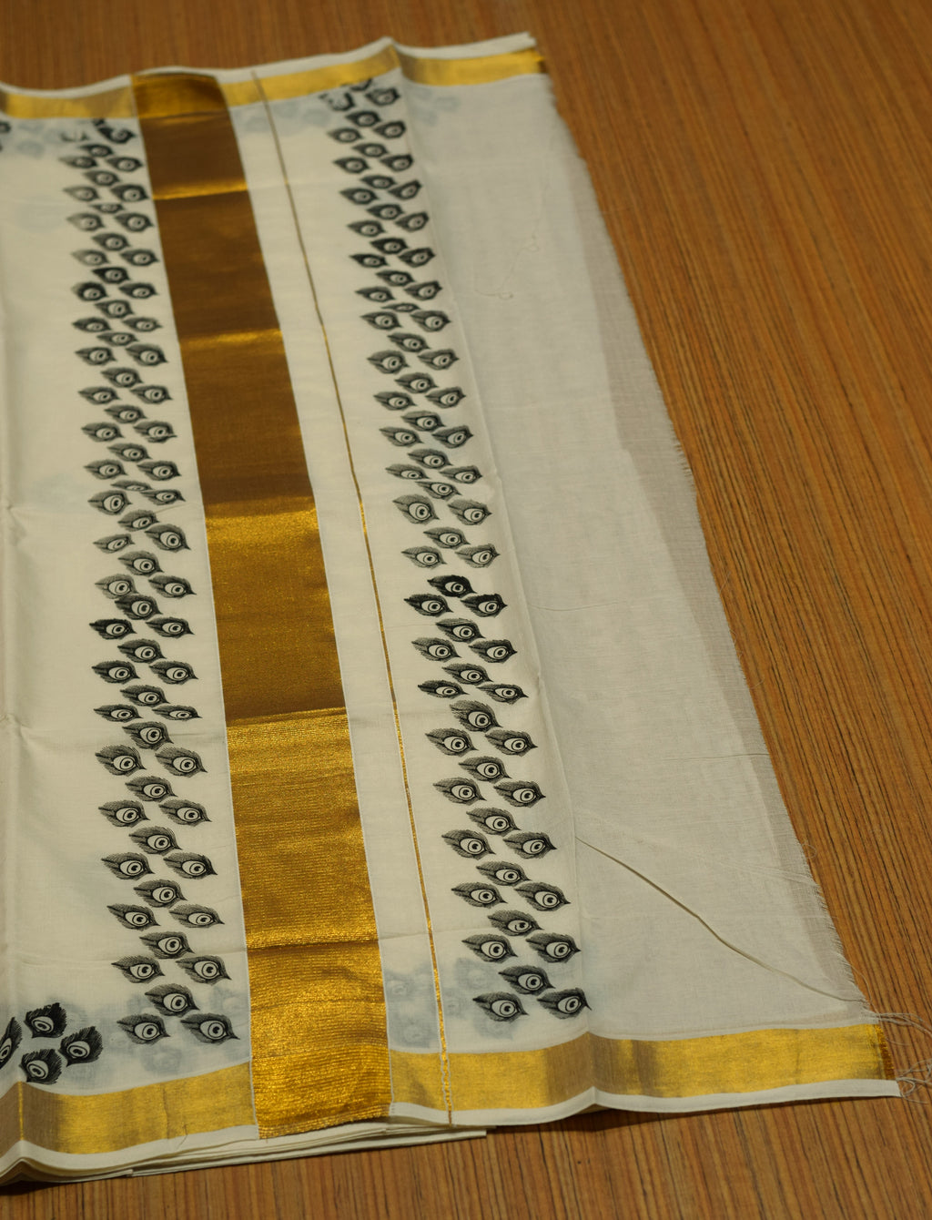 Traditional Kerala Kasavu Set Saree with Black Peacock Feather Print & Golden Kasavu Border | Includes Matching Blouse Piece
