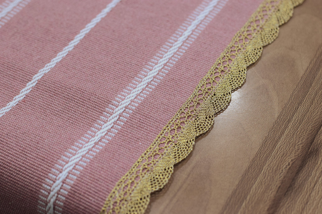 Pink Striped Table Runner with Decorative Lace Border – 240 × 35 cm