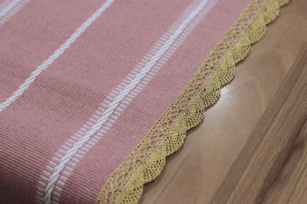 Pink Striped Table Runner with Decorative Lace Border – 240 × 35 cm