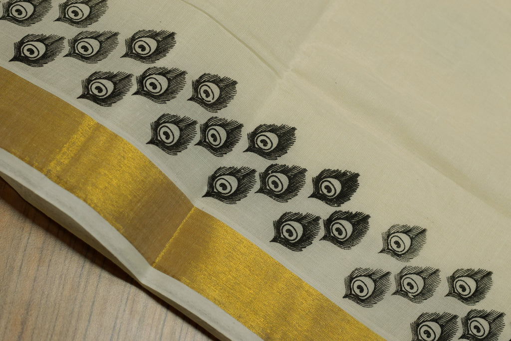 Traditional Kerala Kasavu Set Saree with Black Peacock Feather Print & Golden Kasavu Border | Includes Matching Blouse Piece