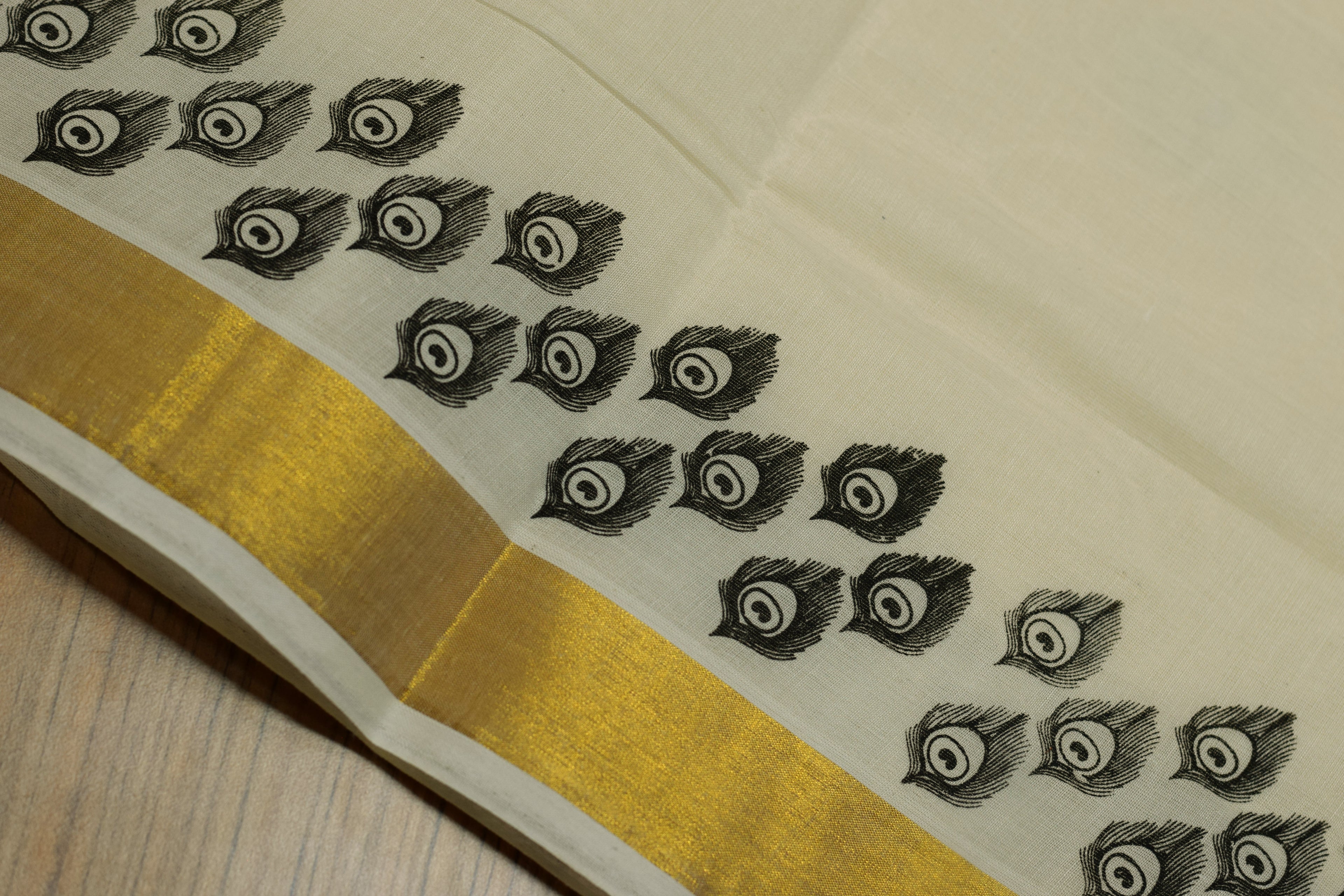 Traditional Kerala Kasavu Set Saree with Black Peacock Feather Print & Golden Kasavu Border | Includes Matching Blouse Piece