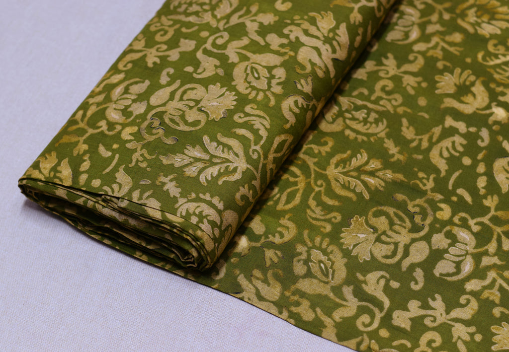 Premium Olive Green Batik Style Printed Rayon Fabric | 44" Width