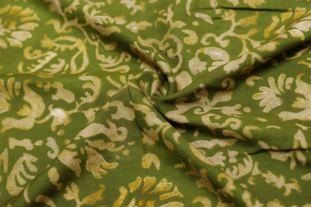 Premium Olive Green Batik Style Printed Rayon Fabric | 44" Width