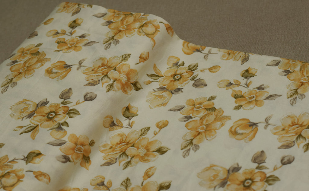 Premium Off-White & Yellow Floral Printed Rayon Fabric | 44" Width
