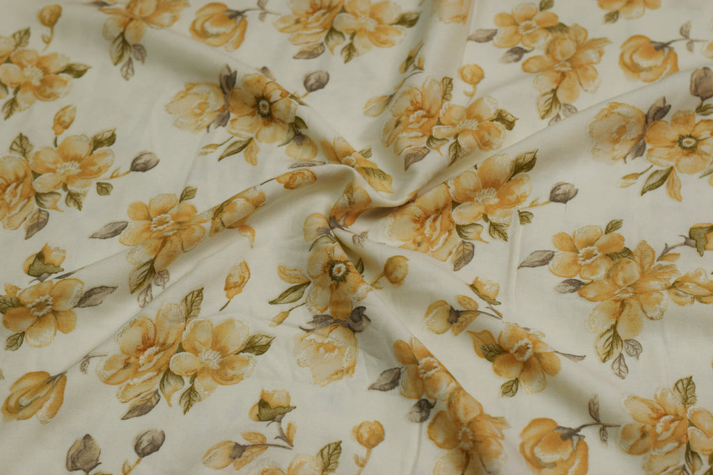 Premium Off-White & Yellow Floral Printed Rayon Fabric | 44" Width