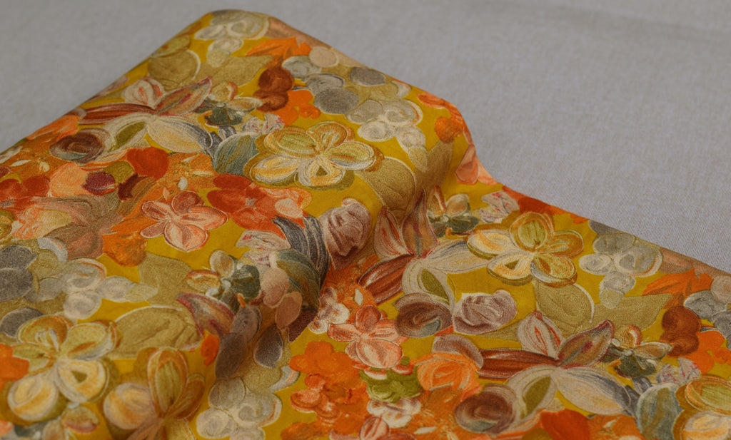 Premium Mustard Yellow Abstract Floral Printed Rayon Fabric | 44" Width