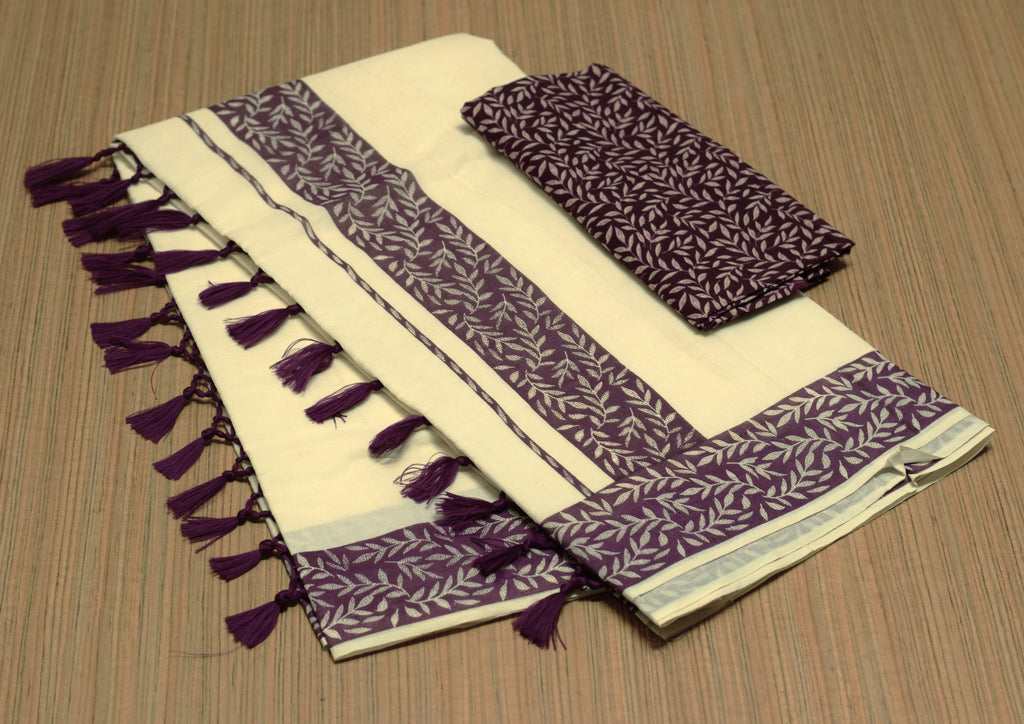 Kerala Set Saree with Blouse – Off White Cotton Blend Saree with Purple Leaf Printed Border & Tassels | Traditional Onam & Festive Wear