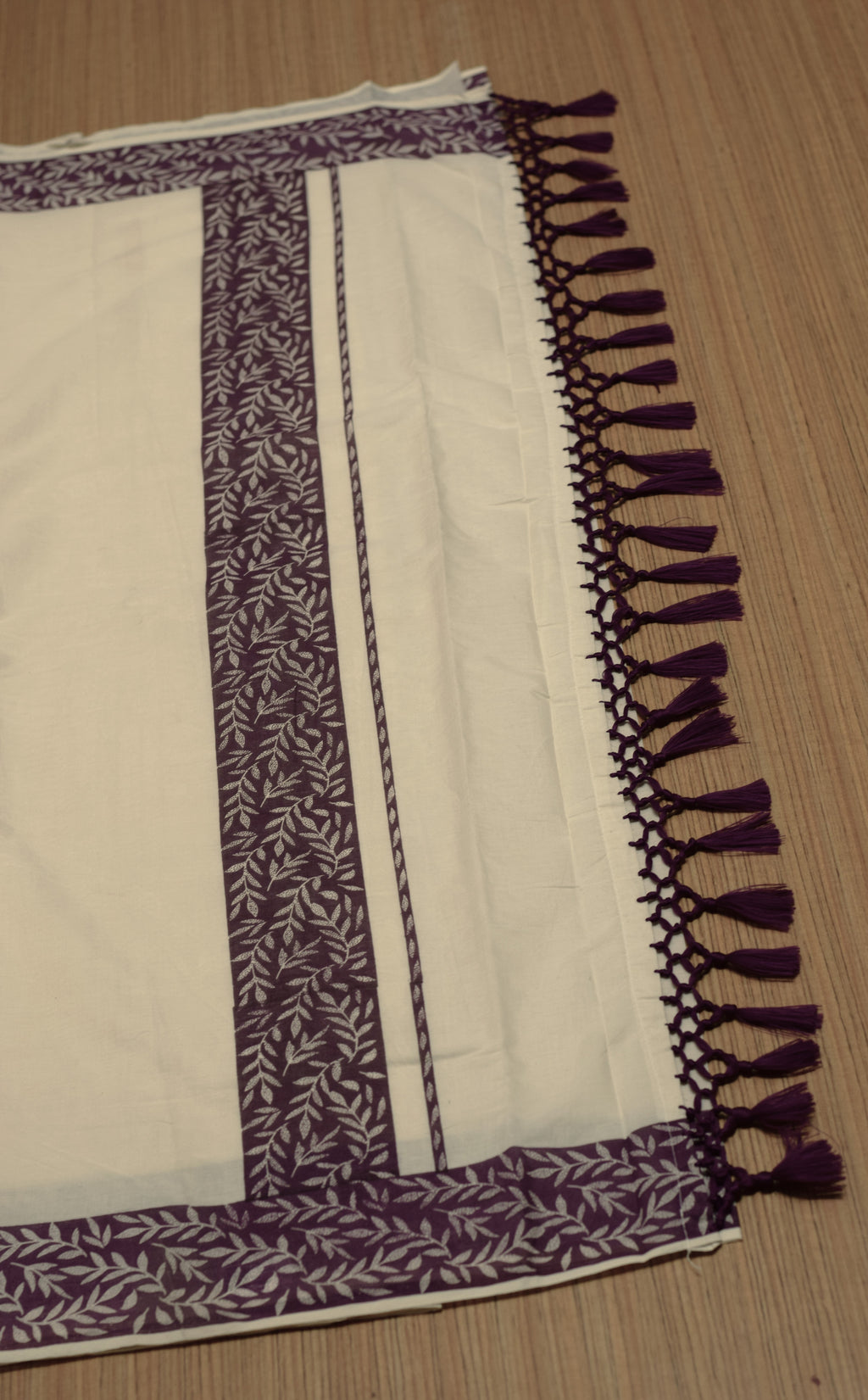 Kerala Set Saree with Blouse – Off White Cotton Blend Saree with Purple Leaf Printed Border & Tassels | Traditional Onam & Festive Wear