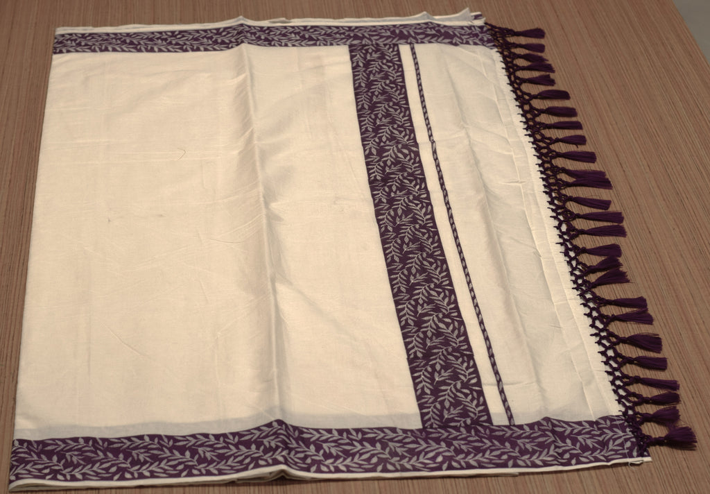 Kerala Set Saree with Blouse – Off White Cotton Blend Saree with Purple Leaf Printed Border & Tassels | Traditional Onam & Festive Wear