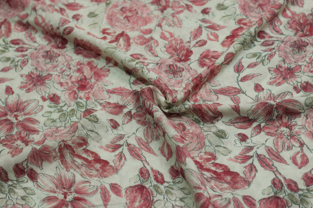 Premium Off-White & Rose Pink Floral Sketch Printed Rayon Fabric | 44" Width