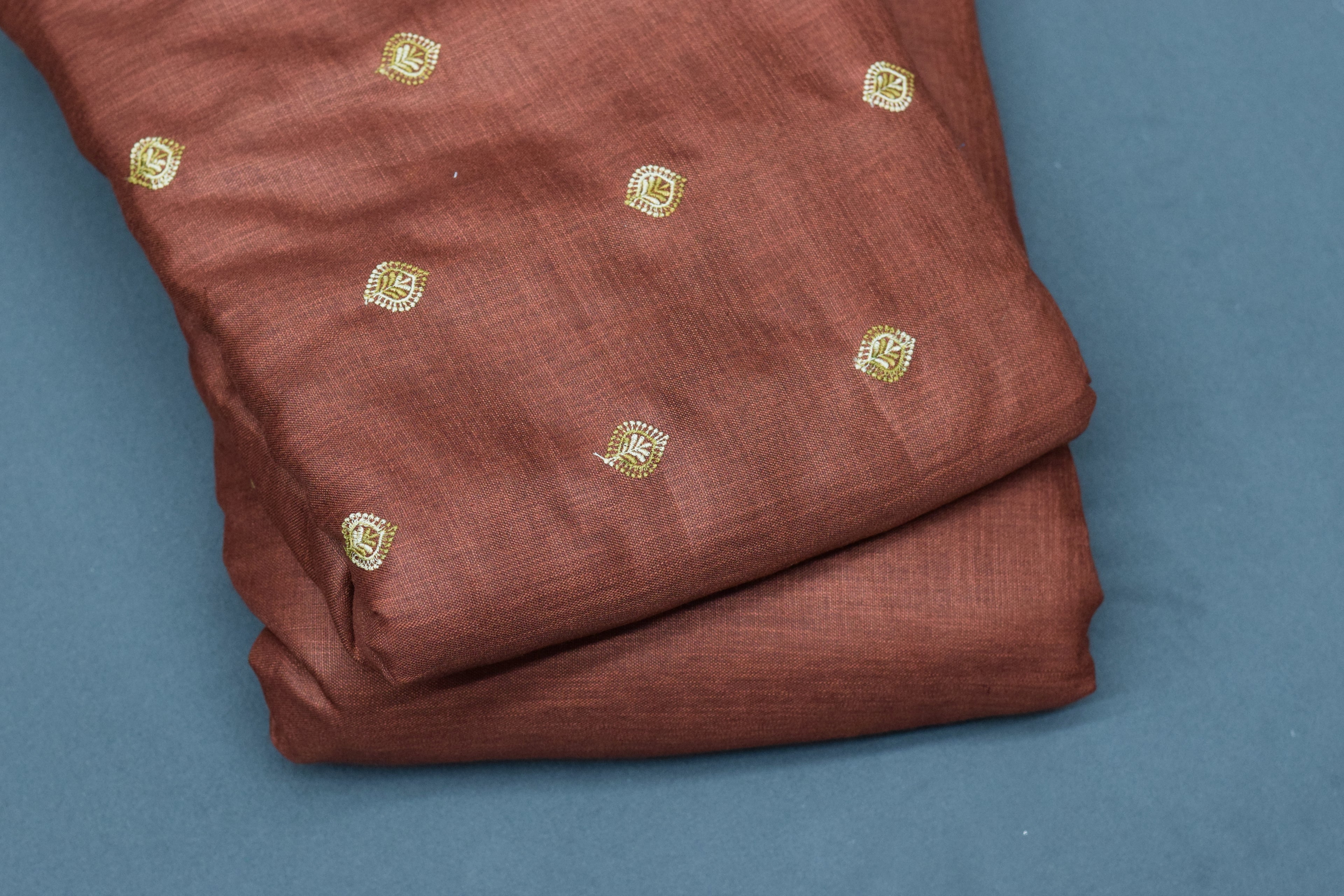 Rust Brown Semi Linen Dress Material Set with Gold Butti – 44” Width