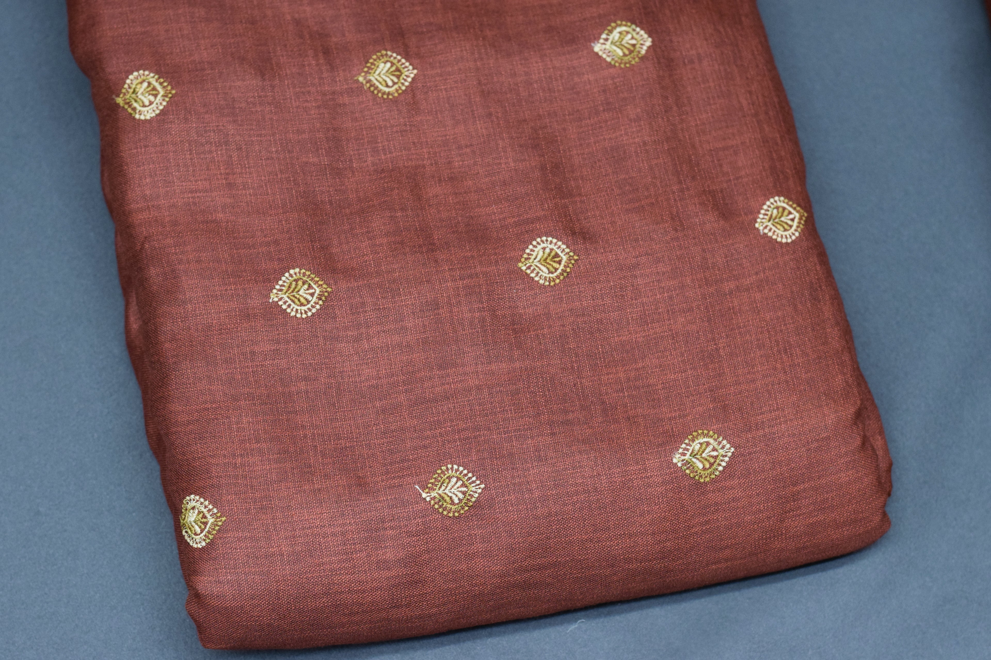 Rust Brown Semi Linen Dress Material Set with Gold Butti – 44” Width