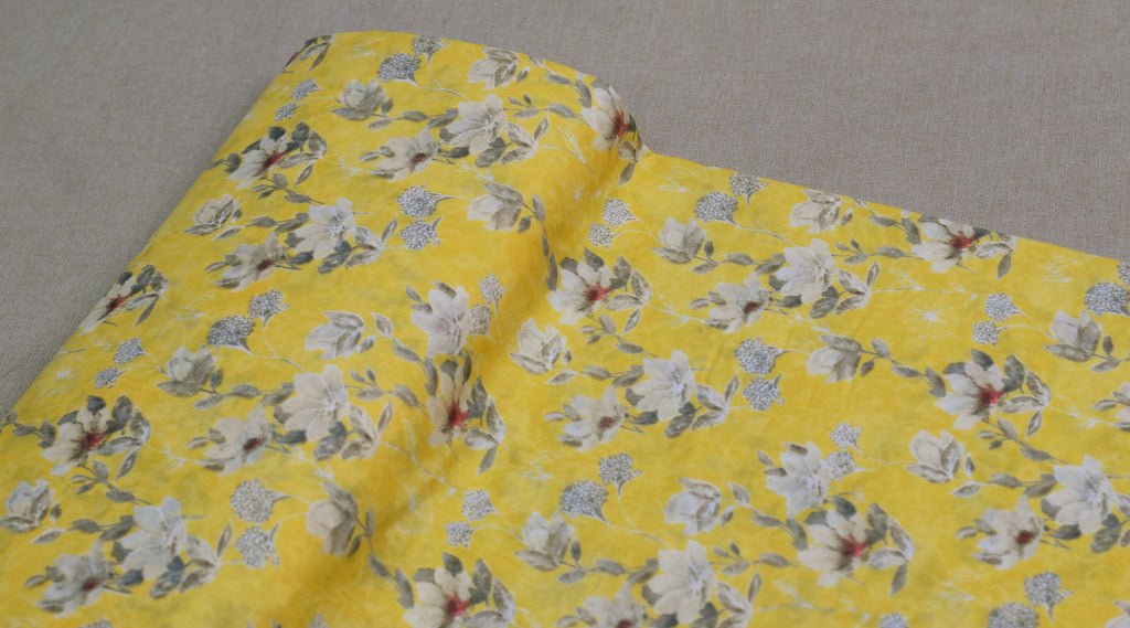 Premium Bright Yellow Floral Printed Rayon Fabric | 44" Width