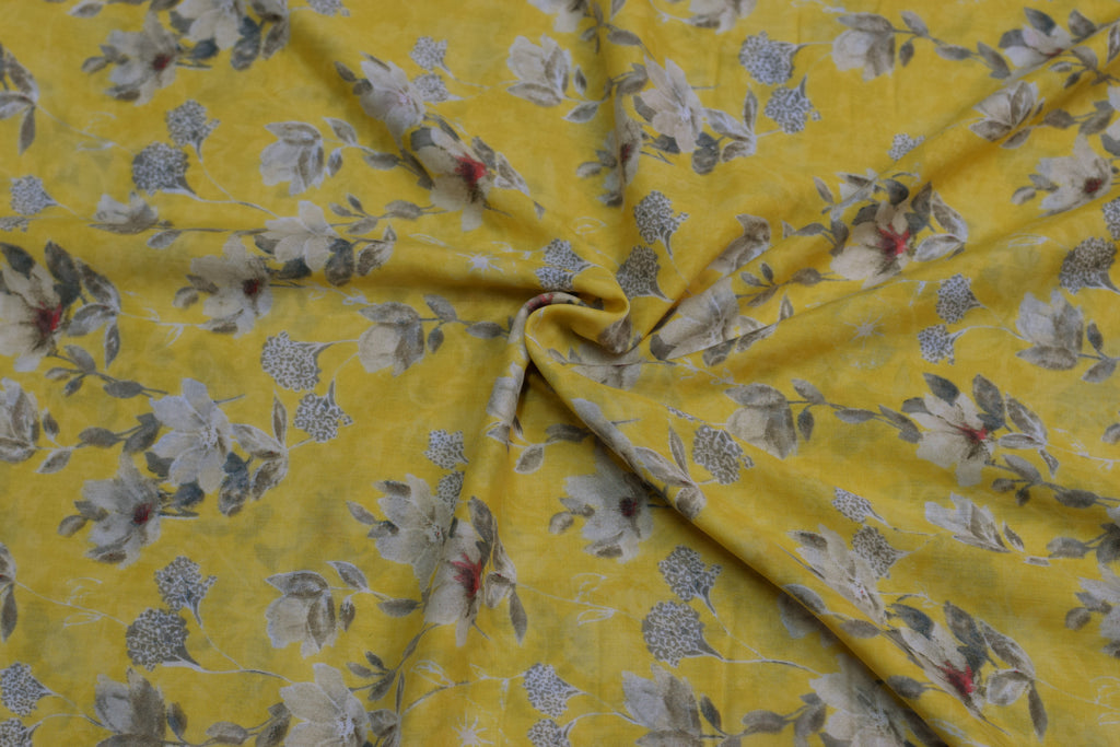 Premium Bright Yellow Floral Printed Rayon Fabric | 44" Width