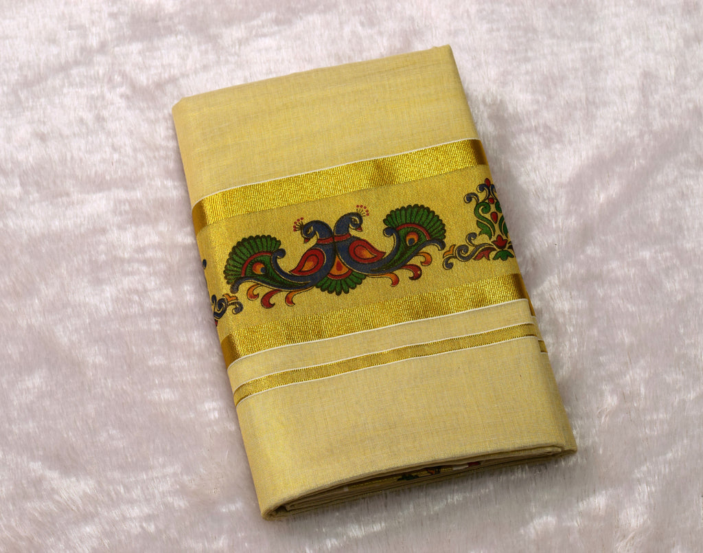 Kerala Kasavu Set Saree with Peacock Border &Matching Blouse Piece | Traditional Onam & Festive Wear