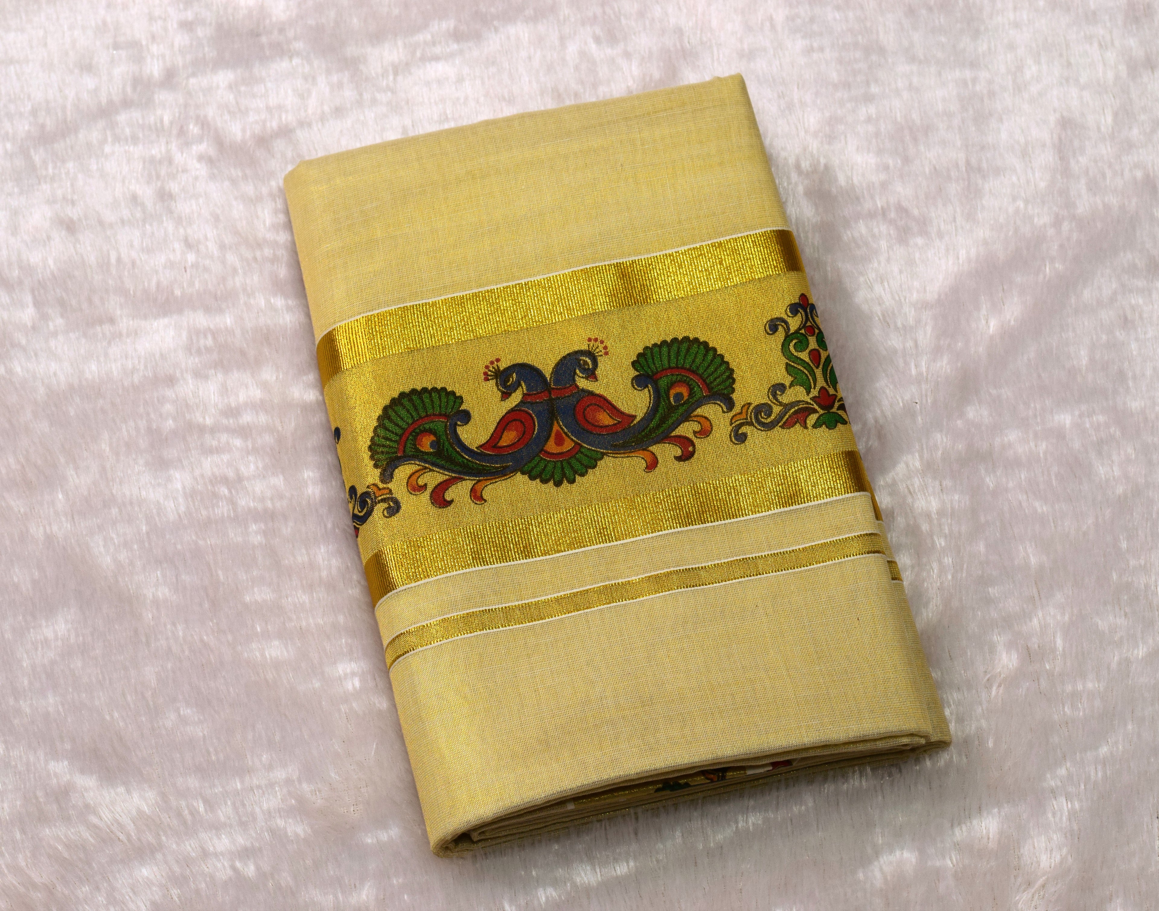 Kerala Kasavu Set Saree with Peacock Border &Matching Blouse Piece | Traditional Onam & Festive Wear