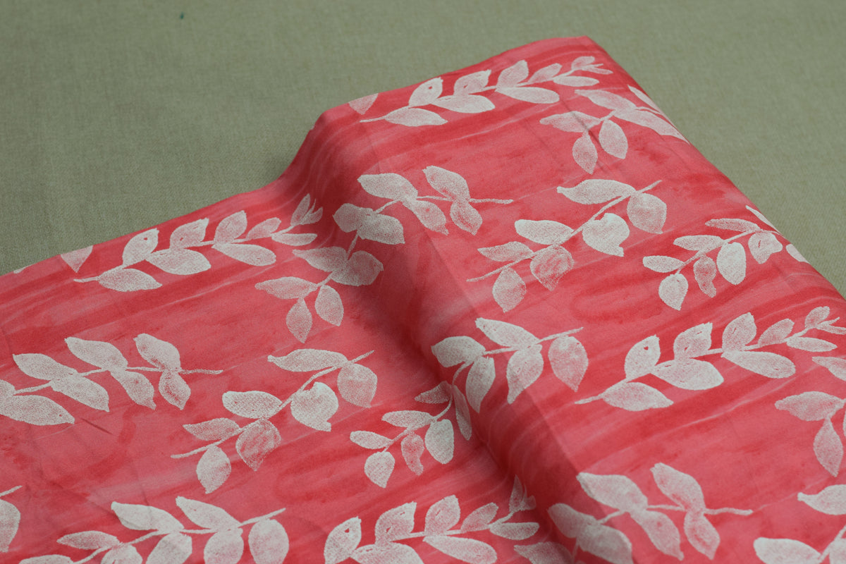 Printed Rayon Fabric – Coral Pink Floral Leaf Print | 44 Inch Width