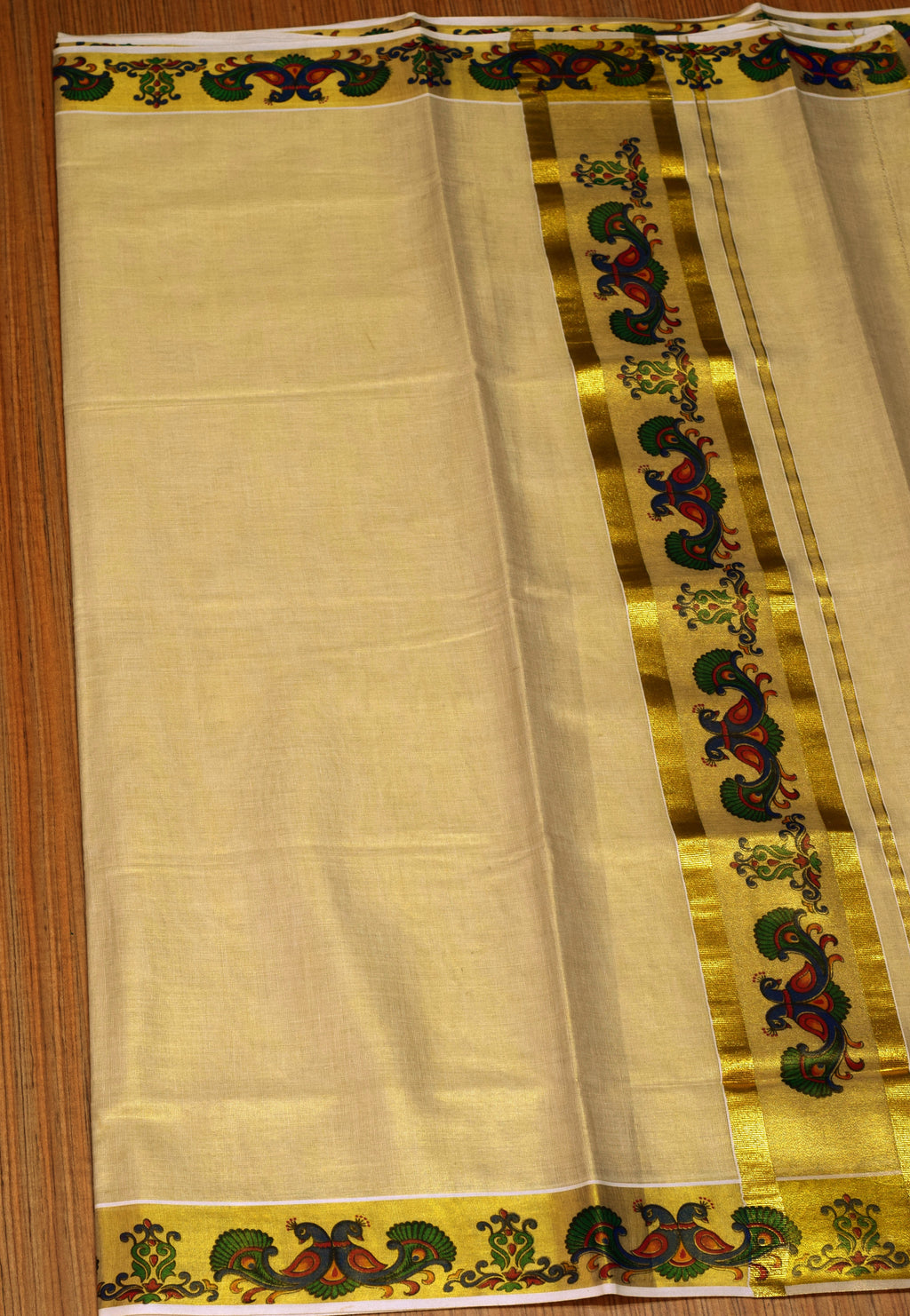 Kerala Kasavu Set Saree with Peacock Border &Matching Blouse Piece | Traditional Onam & Festive Wear