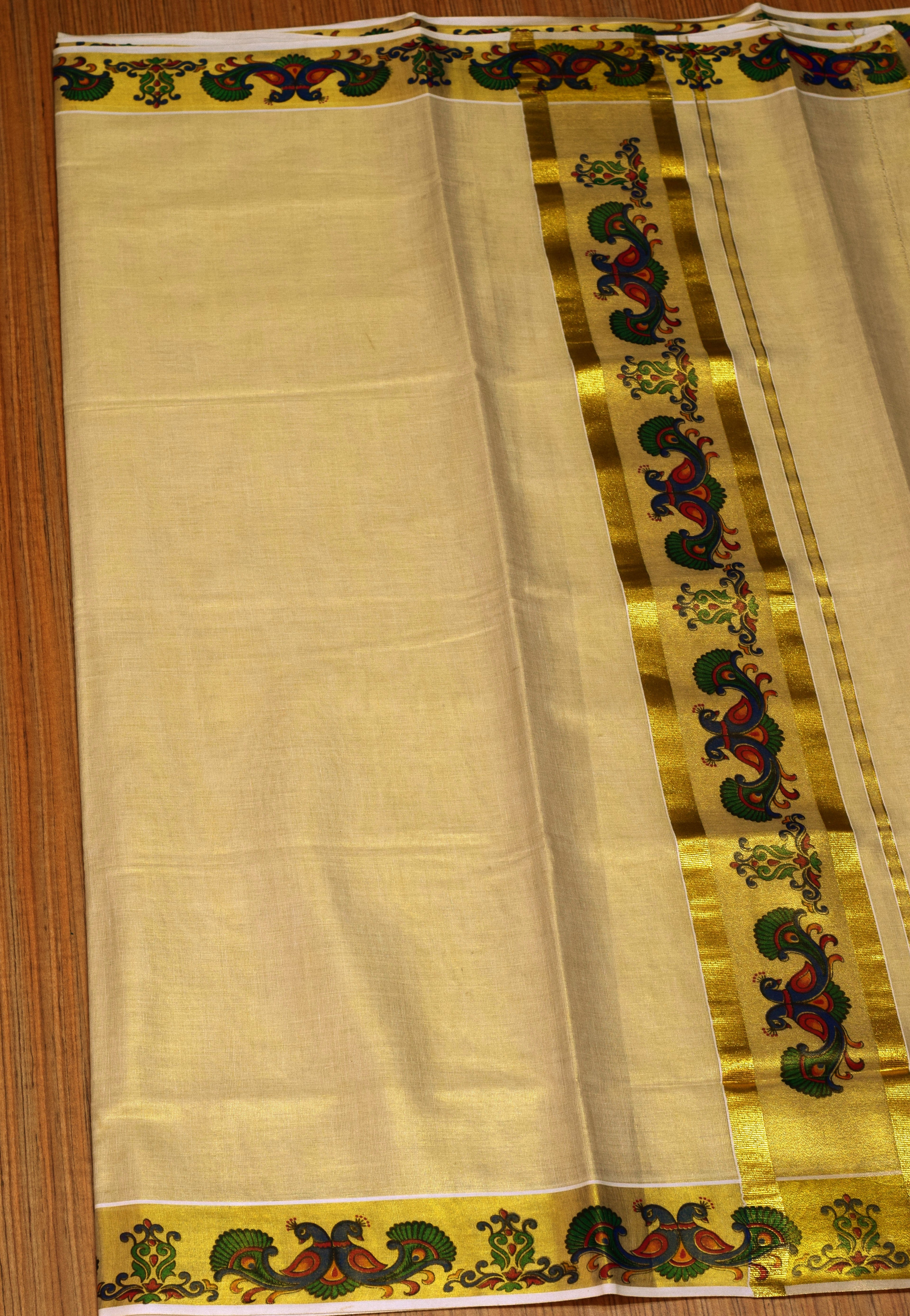 Kerala Kasavu Set Saree with Peacock Border &Matching Blouse Piece | Traditional Onam & Festive Wear