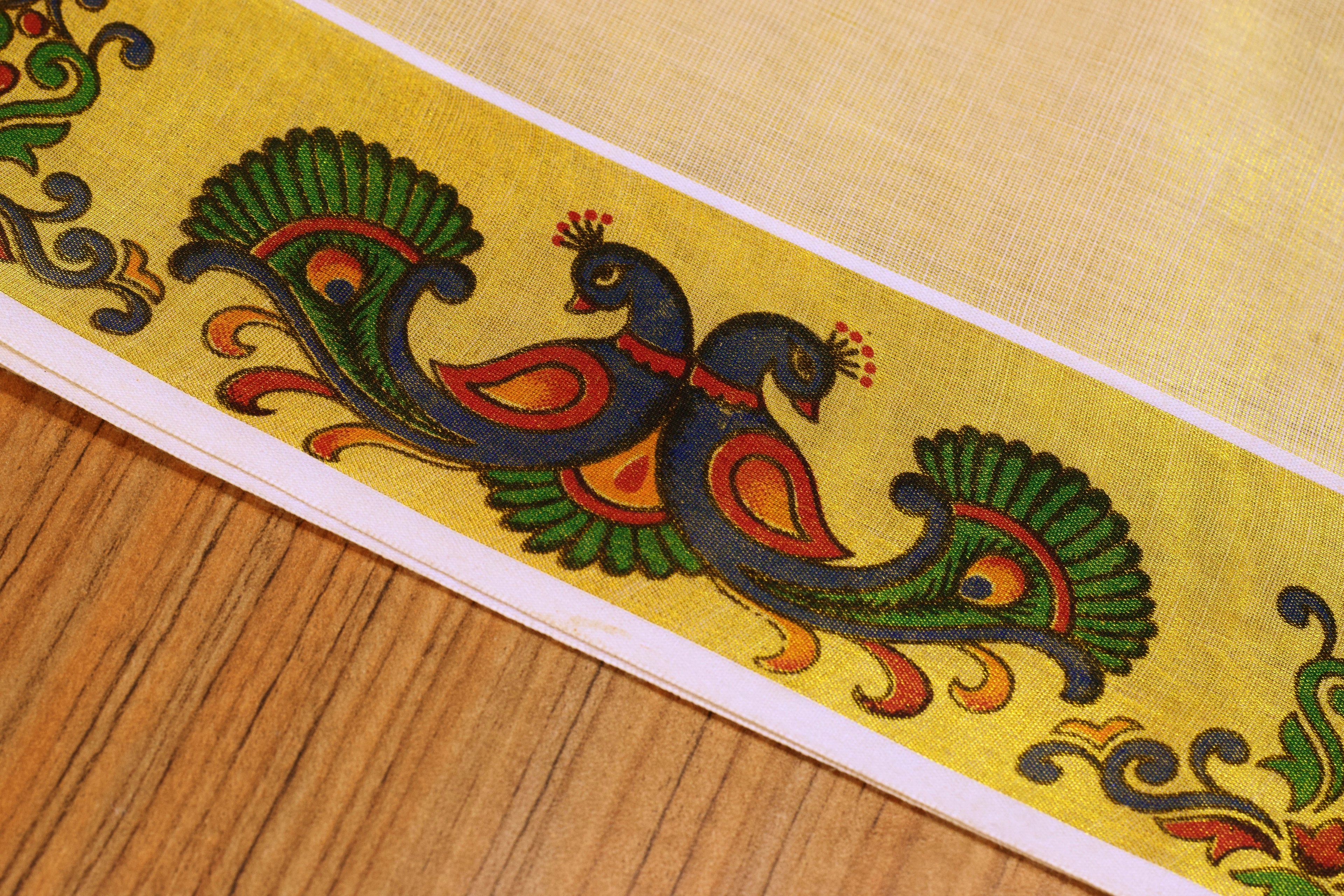 Kerala Kasavu Set Saree with Peacock Border &Matching Blouse Piece | Traditional Onam & Festive Wear