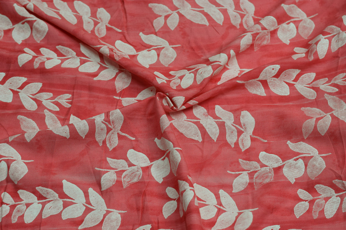 Printed Rayon Fabric – Coral Pink Floral Leaf Print | 44 Inch Width